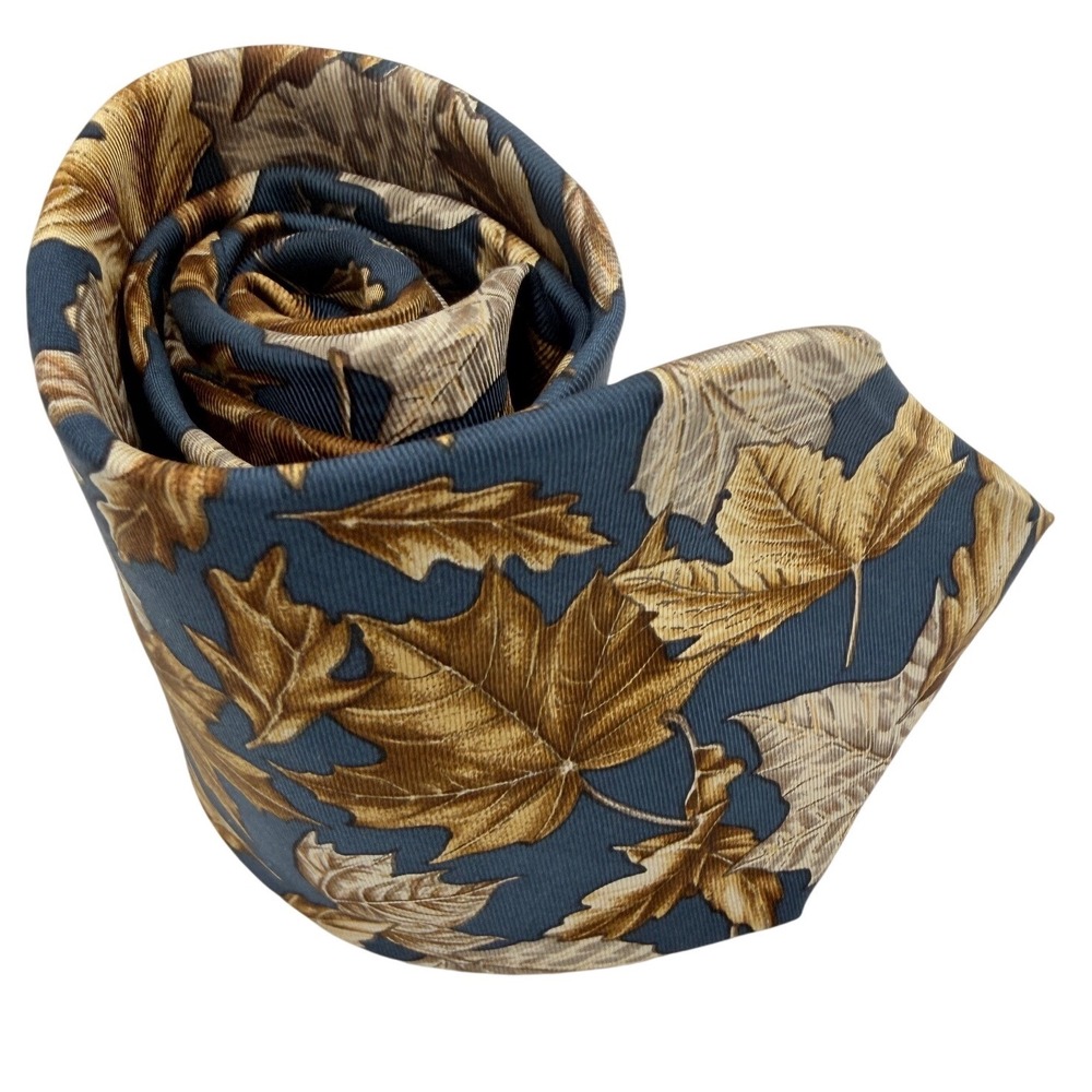 Ruff Hewn Mens Silk Tie Blue Gold Maple Leaf Autumn Fall Pattern Clipper Shop